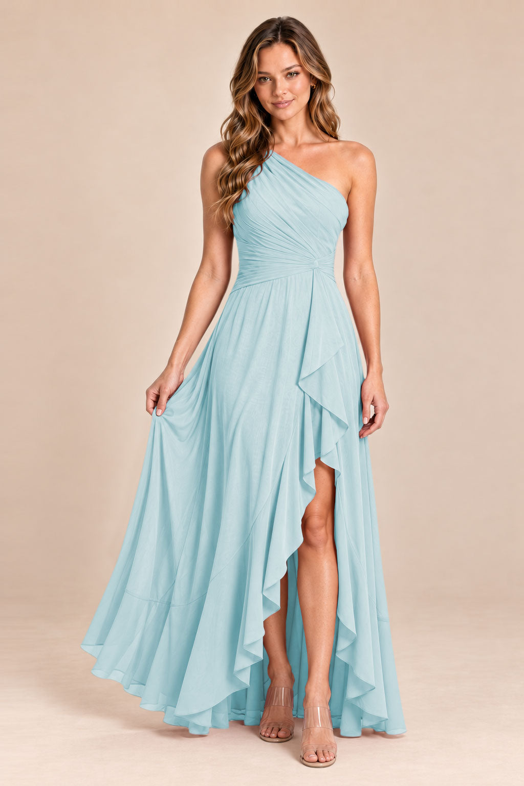 ice blue one shoulder keyhole chiffon bridesmaid dress with slit, front view