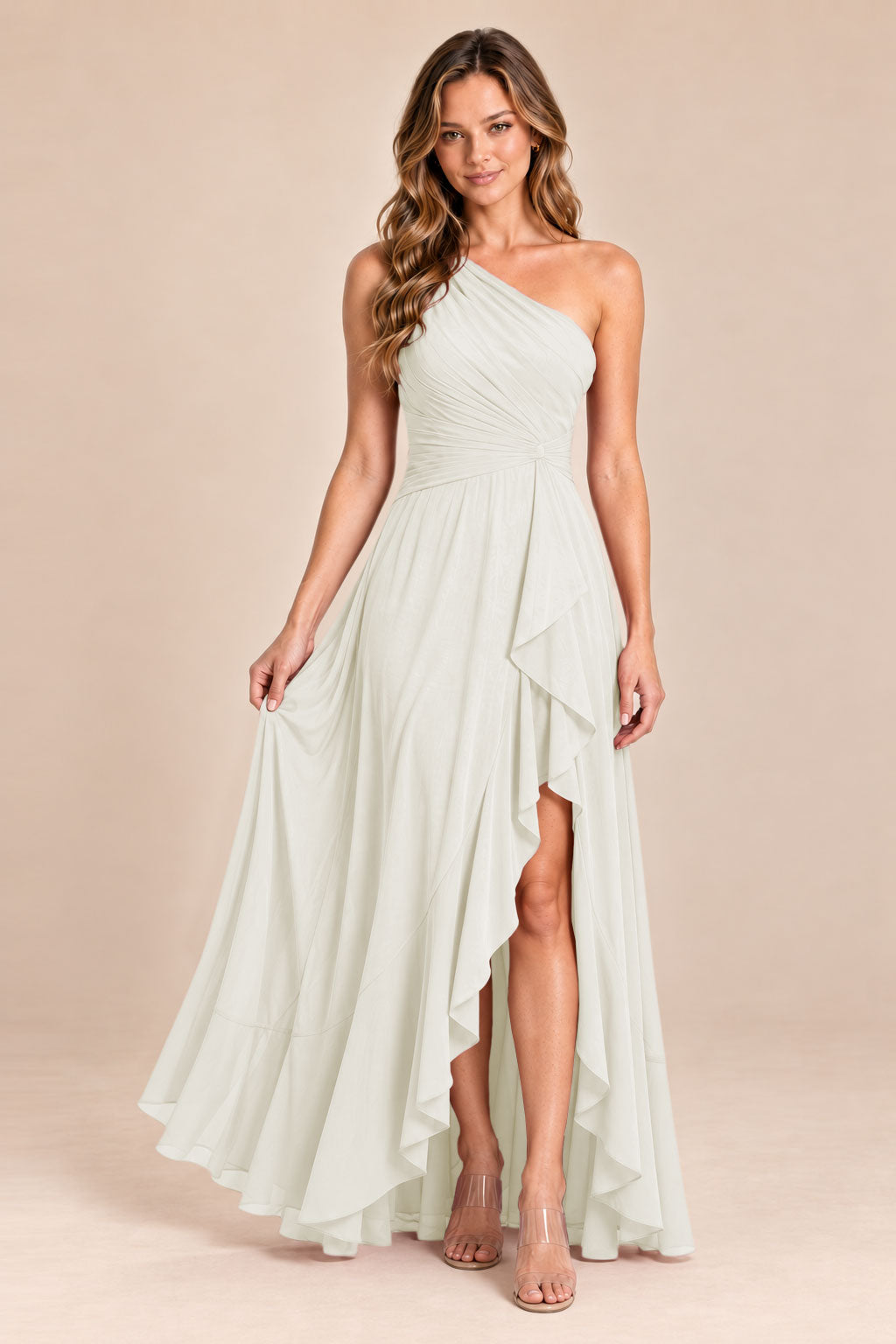 ivory one shoulder keyhole chiffon bridesmaid dress with slit, front view