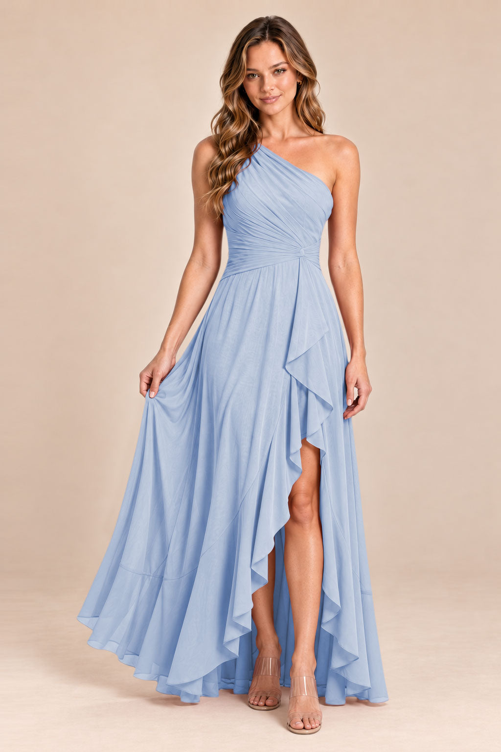 lavender one shoulder keyhole chiffon bridesmaid dress with slit, front view
