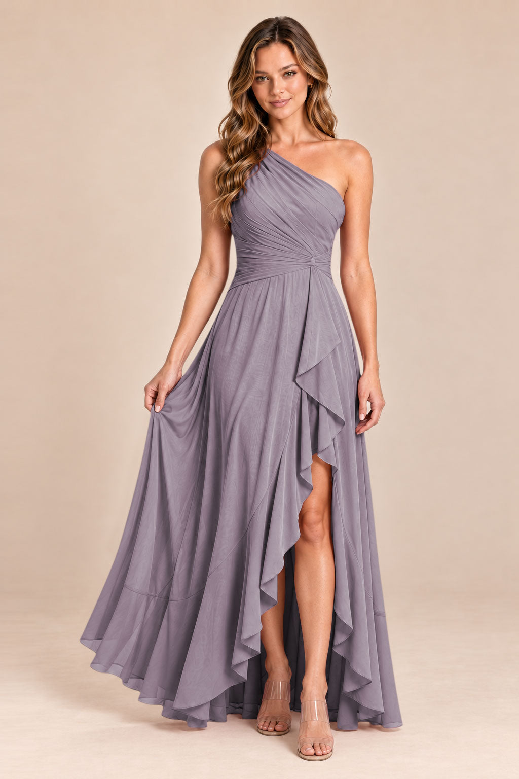 mauve one shoulder keyhole chiffon bridesmaid dress with slit, front view