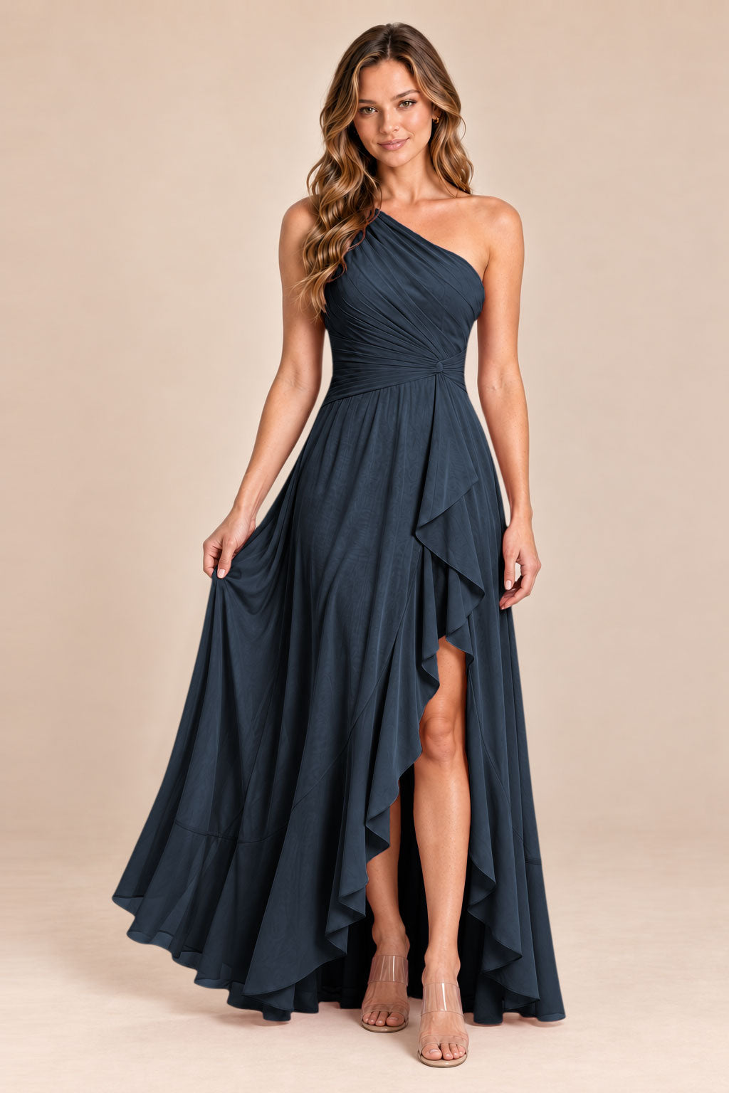 navy blue one shoulder keyhole chiffon bridesmaid dress with slit, front view