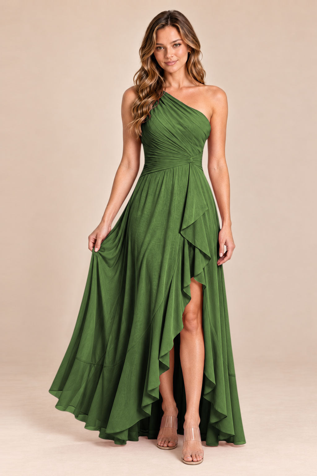 olive green one shoulder keyhole chiffon bridesmaid dress with slit, front view