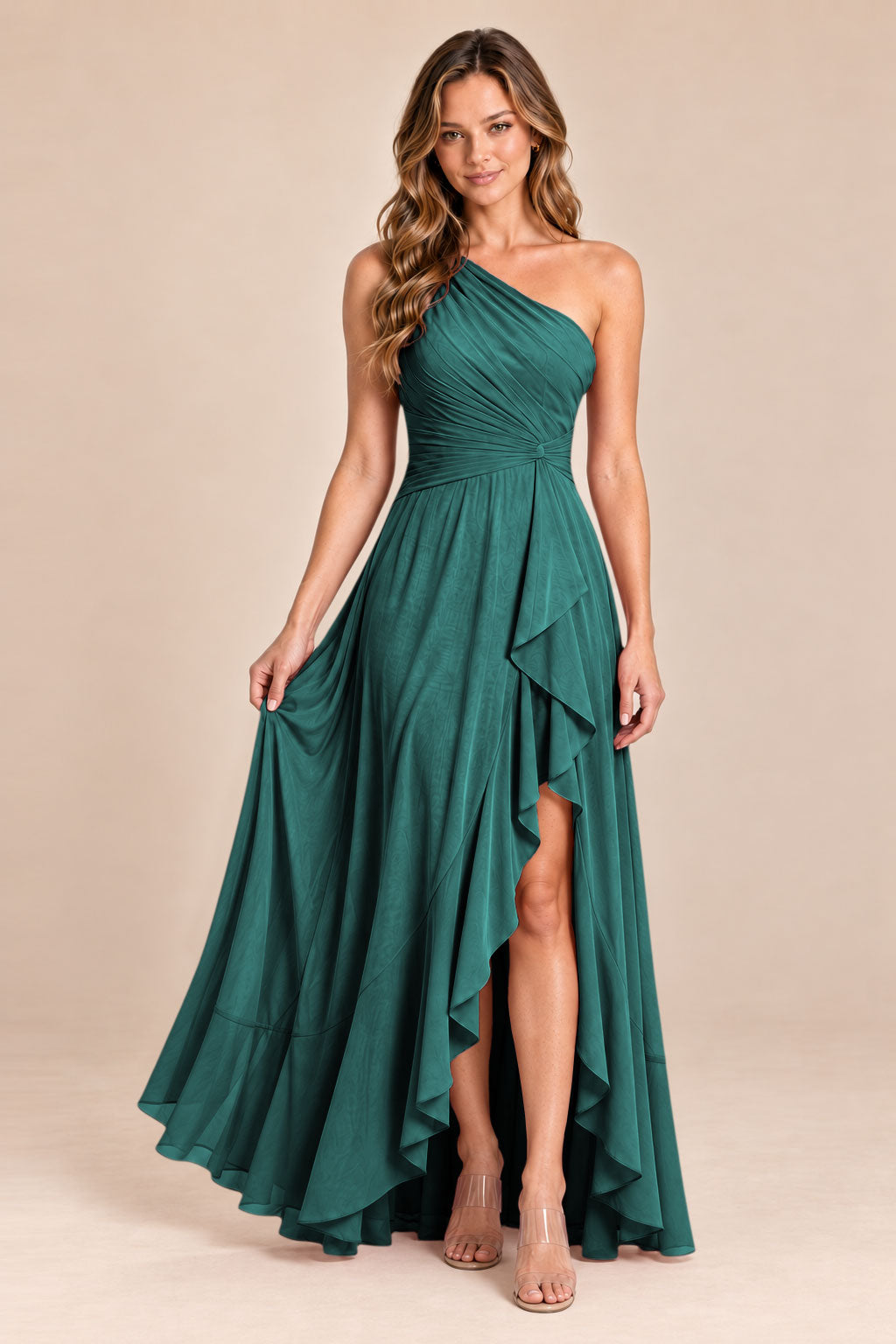 peacock one shoulder keyhole chiffon bridesmaid dress with slit, front view
