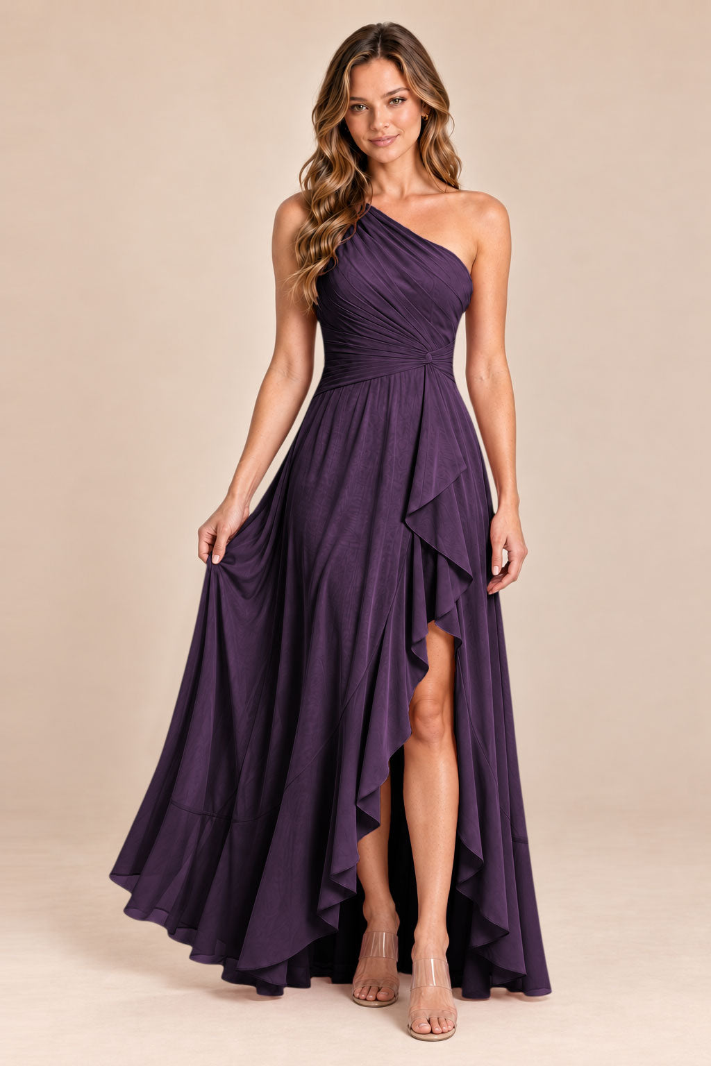 plum one shoulder keyhole chiffon bridesmaid dress with slit, front view