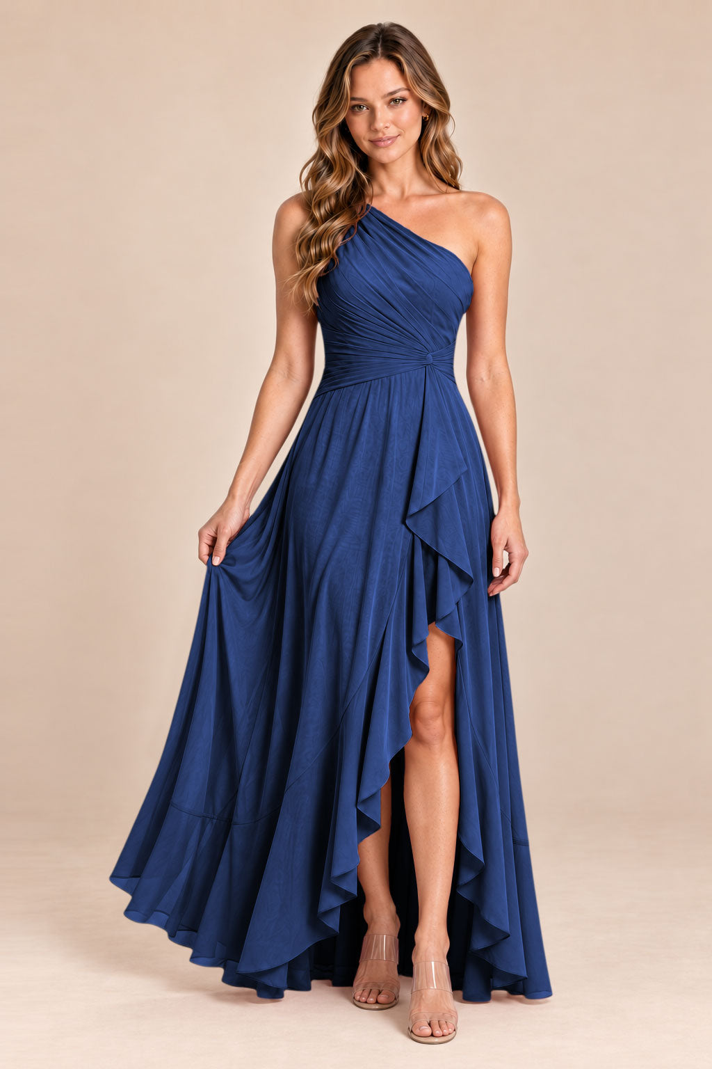 royal blue one shoulder keyhole chiffon bridesmaid dress with slit, front view