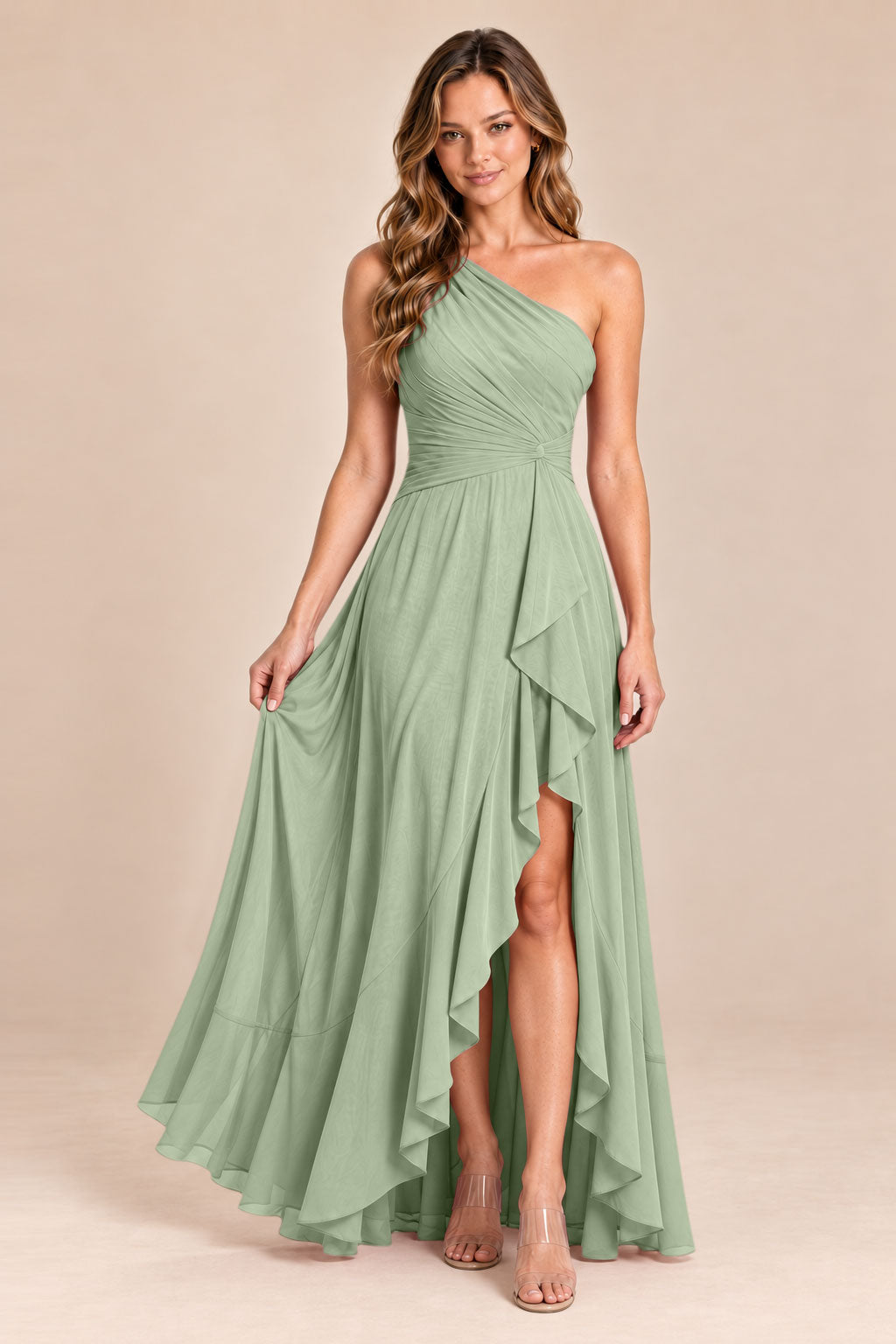 sage green one shoulder keyhole chiffon bridesmaid dress with slit, front view