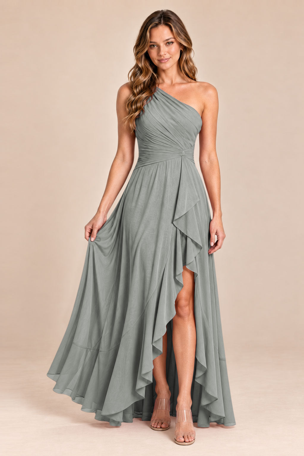 silver one shoulder keyhole chiffon bridesmaid dress with slit, front view