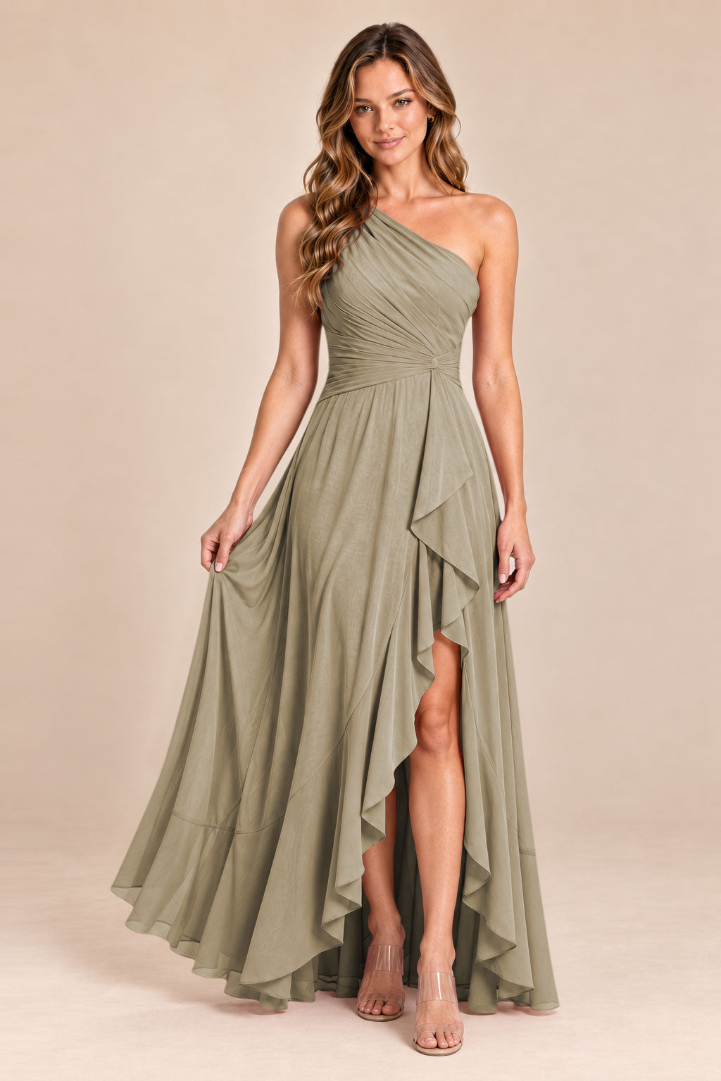 taupe one shoulder keyhole chiffon bridesmaid dress with slit, front view