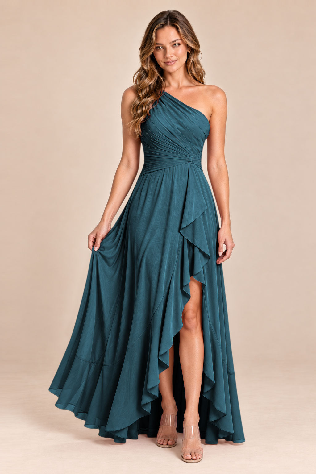 teal one shoulder keyhole chiffon bridesmaid dress with slit, front view