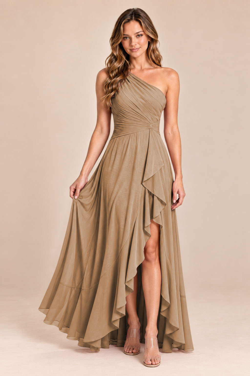 terracotta one shoulder keyhole chiffon bridesmaid dress with slit, front view